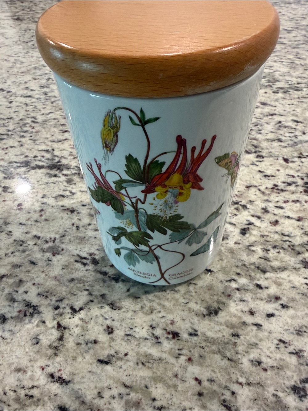 Portmeirion White Ceramic Canister with Floral Decal and Wood Lid 7inch